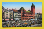Preview: Ansichtskarte Basel / Marktplatz / 1921 / Rathaus – Markttag – Marktstände – Kaffeerösterei – Geschäfte